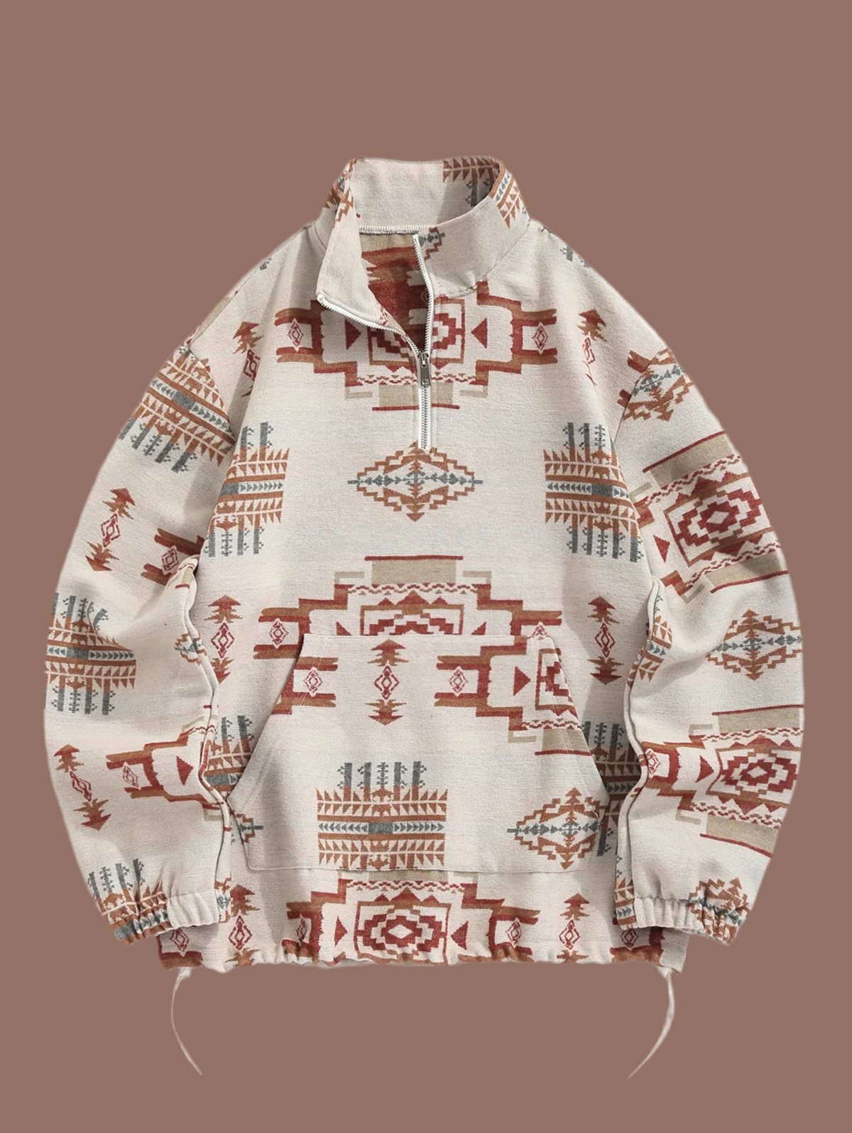 ZAFUL Men's Vintage Ethnic Aztec Print Woolen, Kangaroo Pocket Quarter Zip Pullover Sweatshirt