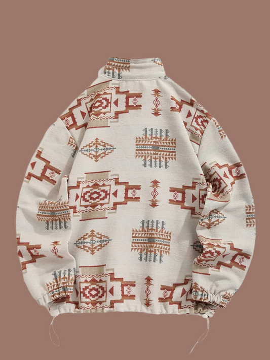 ZAFUL Men's Vintage Ethnic Aztec Print Woolen, Kangaroo Pocket Quarter Zip Pullover Sweatshirt