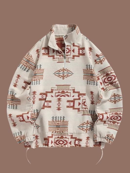 ZAFUL Men's Vintage Ethnic Aztec Print Woolen, Kangaroo Pocket Quarter Zip Pullover Sweatshirt